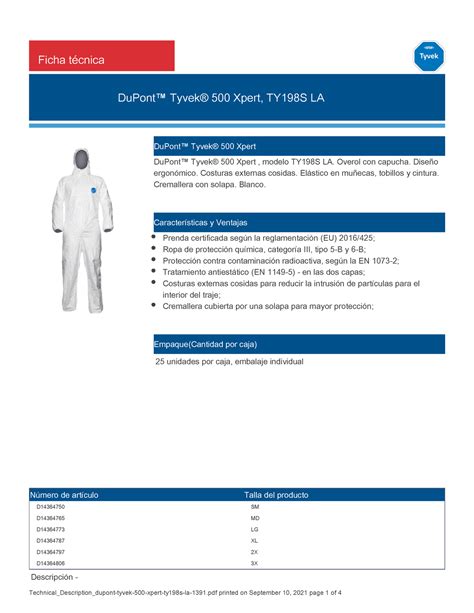 Ficha Tecnica Dupont Tyvek Xpert Mameluco Descartable Segutecnica