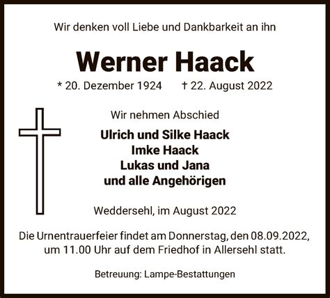 Traueranzeigen Von Werner Haack AZ Trauer De