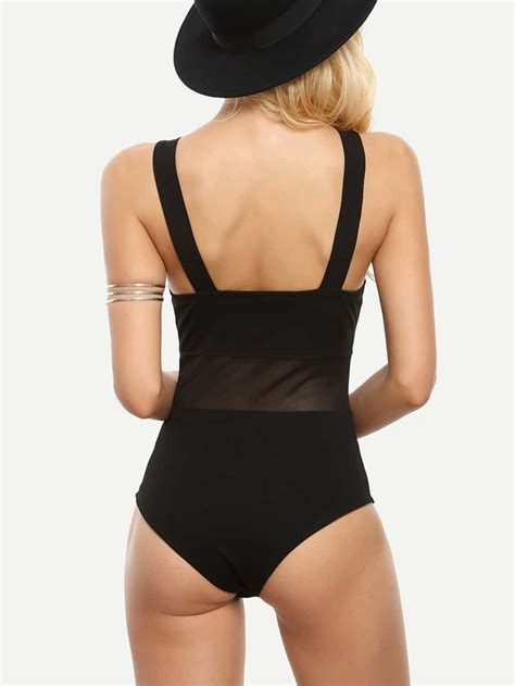 Mesh Insert Wide Strap Bodysuit Black Shein Sheinside