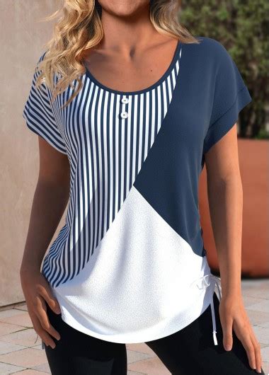 Rotita Patchwork Striped Navy Round Neck Short Sleeve T Shirt Rotita