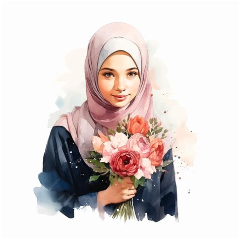 Premium Vector Beautiful Muslim Girl Holding Flowers Watercolor Paint