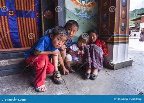 Bhutanese Children In Trashi Chhoe Dzong Thimphu Bhutan Editorial