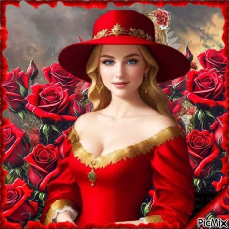 Fille Blonde En Rouge Avec Des Roses Rouges PNG Gratuit PicMix