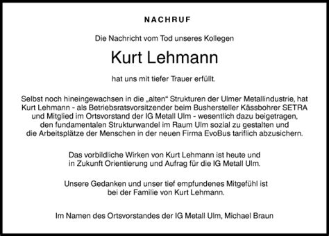 Traueranzeigen Von Kurt Lehmann Allg Uer Zeitung