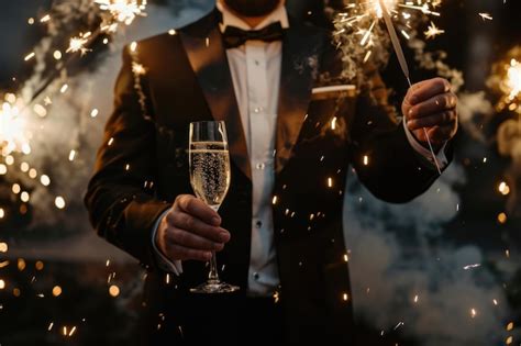 A Man In Tuxedo Holding A Champagne Glass With Fireworks Around Him In