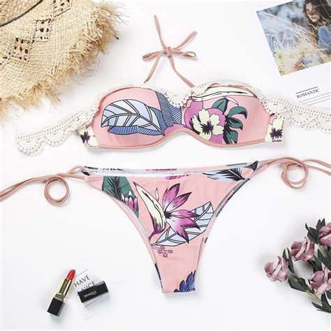 Midou Lace Bikini Top Off Shoulder Swimwear Bandage Solid Push Up