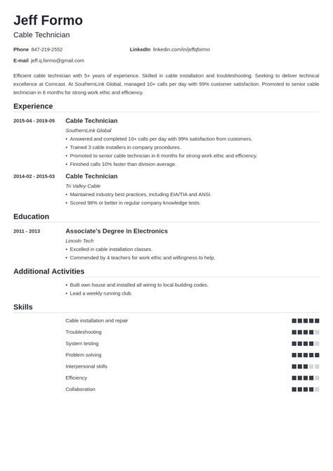 Cable Technician Resume Sample Job Description Tips