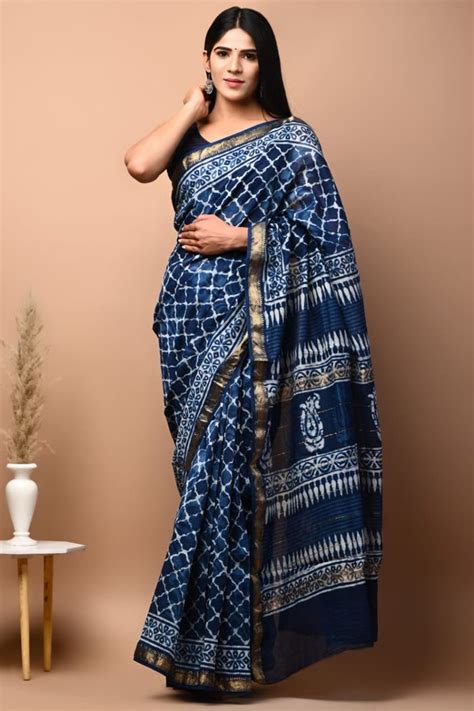 Hand Block Printed Maheshwari Silk Saree M Separate Blouse Piece