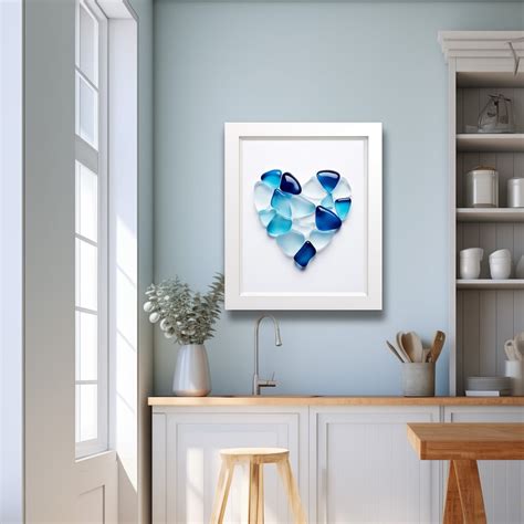 Sea Glass Art Blue Coastal Wall Art Sea Glass Heart Print Indigo Beach House Decor Turquoise