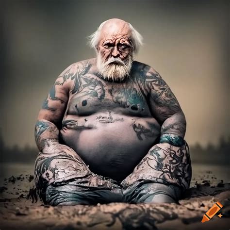 Fat Obese Old Man Tattoo Bearded In Grey Leather In Grey Waders Sitting In Mud