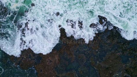 Drone View Stormy Ocean Surf Crashing Volcanic Seaside Foamy Sea Waves