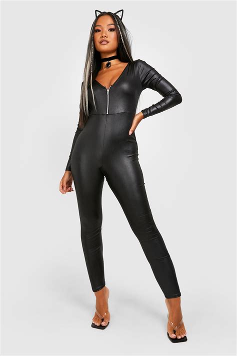 Boohoo Petite Halloween Wet Look Zip Front Jumpsuit In Black Lyst