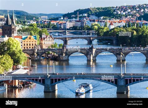 Blick Auf Prag Und Brücken über Den Fluss Vltava Moldau Tschechien