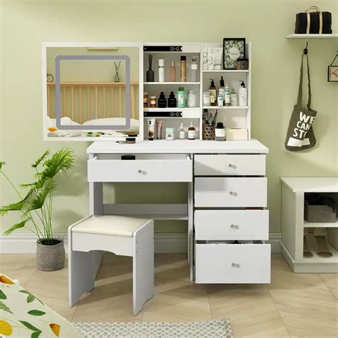 Wood LED Push Pull Mirror Dresser With 5 Drawers Stool And 3 Tier