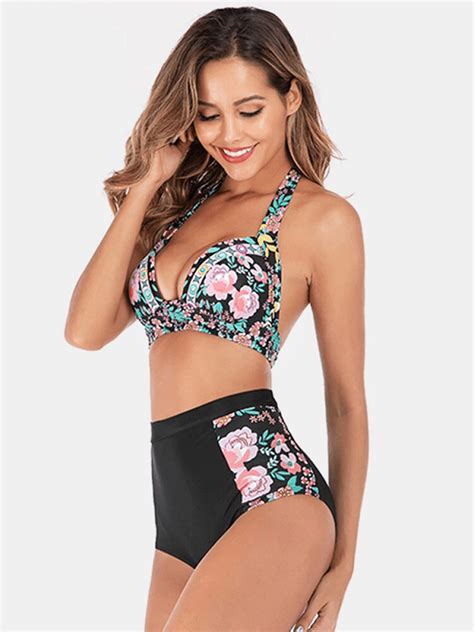 Plus Size Floral Print Patchwork High Waist Bikini Backless Swimwear Td Mercado