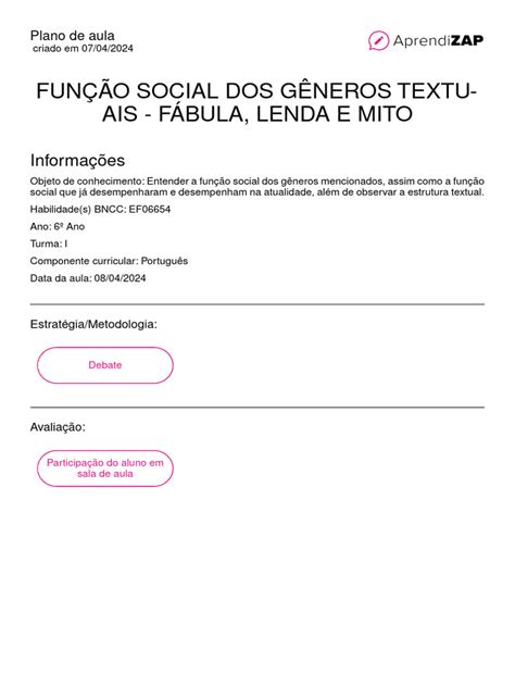 Função Social Dos Gêneros Textuais Fábula Lenda E Mito Pdf