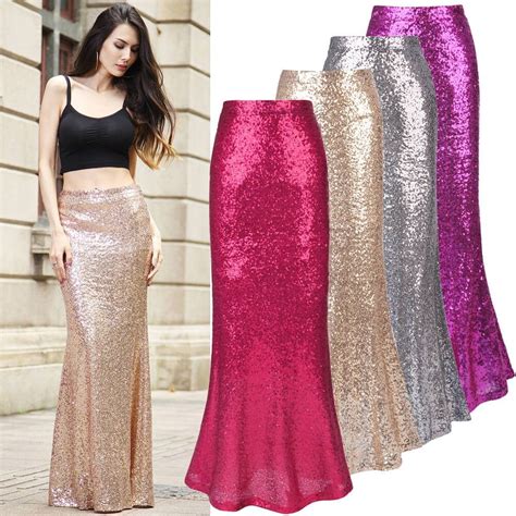 Women Sliver Sequined Mermaid Maxi Fishtail Skirt Party Cocktail Skirt