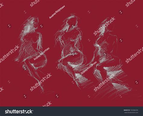 Sitting Naked Woman 3 Sketches Stock Illustration 732586339