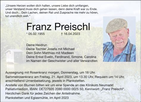 Traueranzeigen Von Franz Preischl Mittelbayerische Trauer