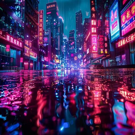 Premium Photo A Futuristic Cyberpunk Cityscape Bathed In Neon Glow