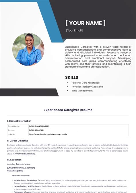 Free Experienced Caregiver Resume Template To Edit Online