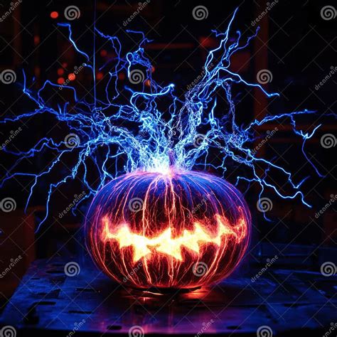Creative Halloween Pumpkin With Electric Blue Lightning Effects Stock