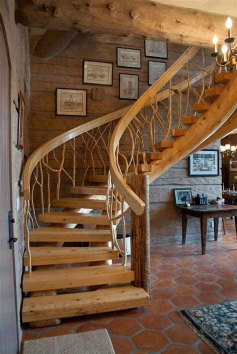 Curve Log Stair Case With Twig Railing Caribou Creek Log Home Inc