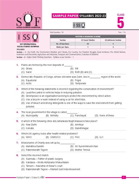 Sof Isso Sample Paper 2023 Class 5