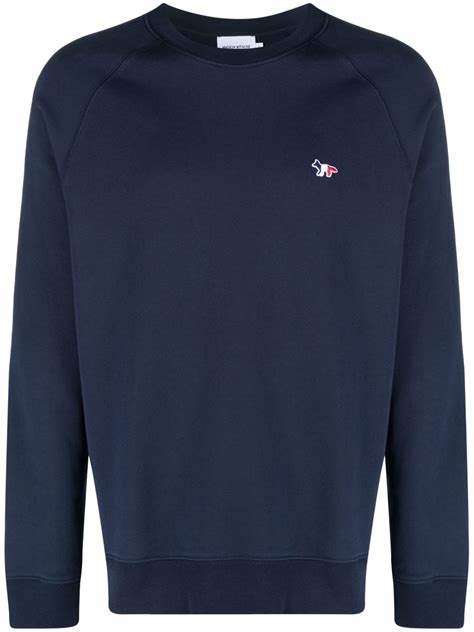 Maison Kitsun Logo Patch Crew Neck Sweatshirt Blue Farfetch