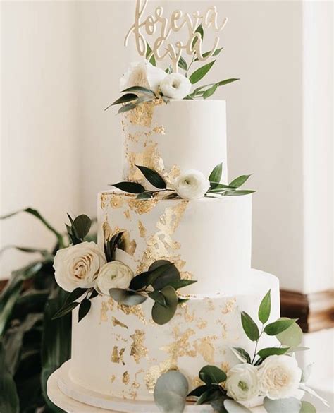 White Wedding Cake With Gold Flakes Artofit