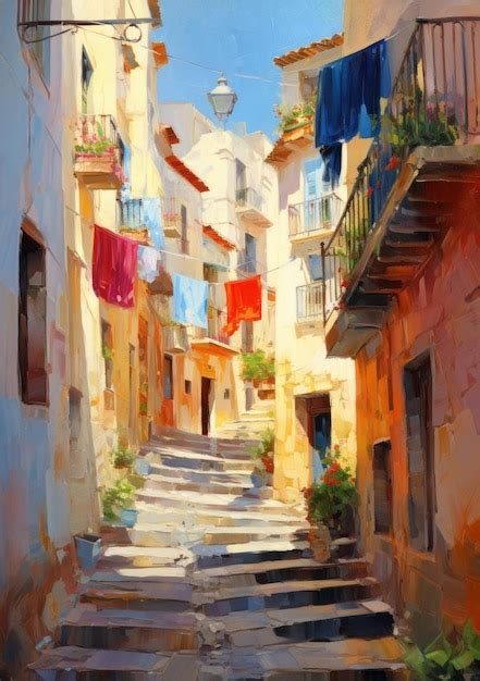 Premium Ai Image An Oil Painting Of An Alleyway With Colorful