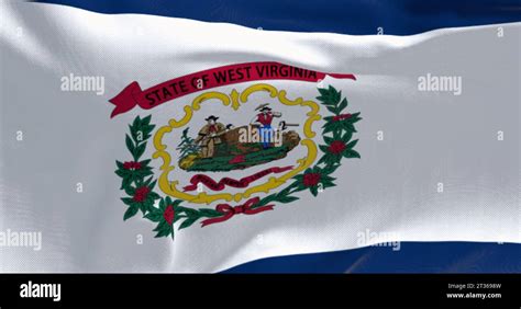 Close Up Of West Virginia State Flag Waving In The Wind White Field