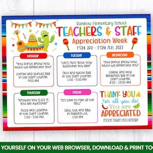 EDITABLE Teacher Staff Appreciation Week Flyer Itinerary Week Self