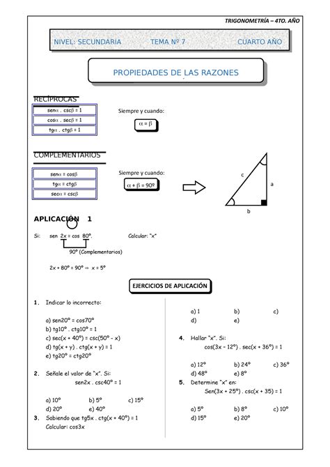 TEMA 07 Trigo 4TO Hola espero te sirva TRIGONOMETRÍA 4TO AÑO