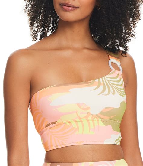 Sanctuary Camo Palms Leaf Print One Shoulder Neck Cut Out Crop Swim Top