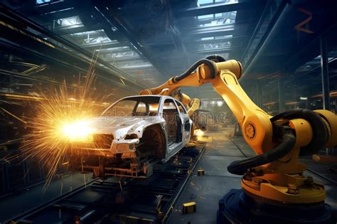 Automated Robotic Arms Line Welding Assembly Car Working At Futuristic