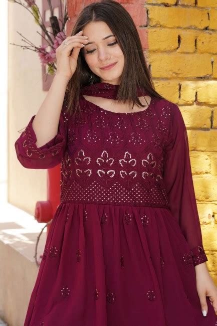 Faux Georgette Burgundy Sharara Suit In Embroidered Ss