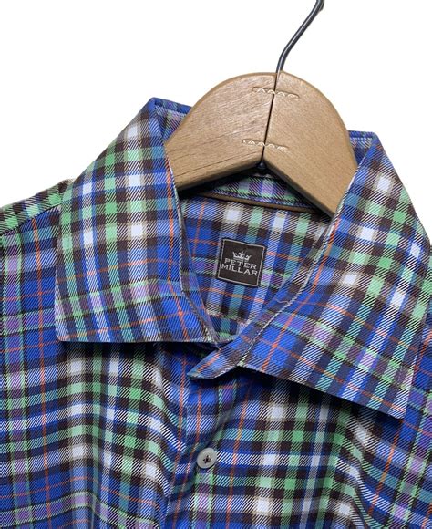 PETER MILLAR Men S Medium Blue Green Plaid Button Up Long Sleeve Shirt