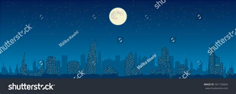 Full Moon Over Night City Vector Cityscape Silhouette Illustration