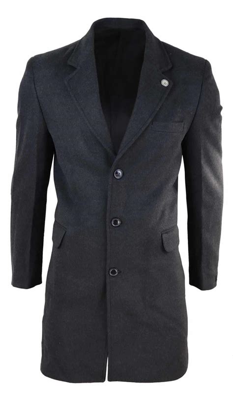 Mens Classic Wool Long Overcoat Charcoal Happy Gentleman