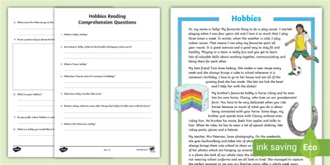 Hobbies Reading Comprehension Pdf Primary Resources