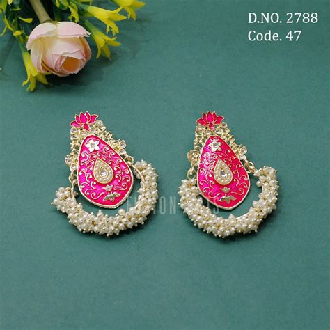 Brass Golden Fusion Arts Meenakari Pearl Indo Western Bridal Earrings