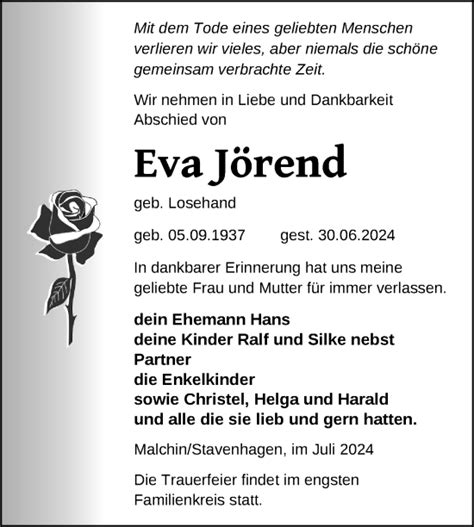 Traueranzeigen Von Eva J Rend Trauer Nordkurier