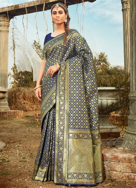 Buy Online Banarasi Silk Blue Contemporary Saree 192415