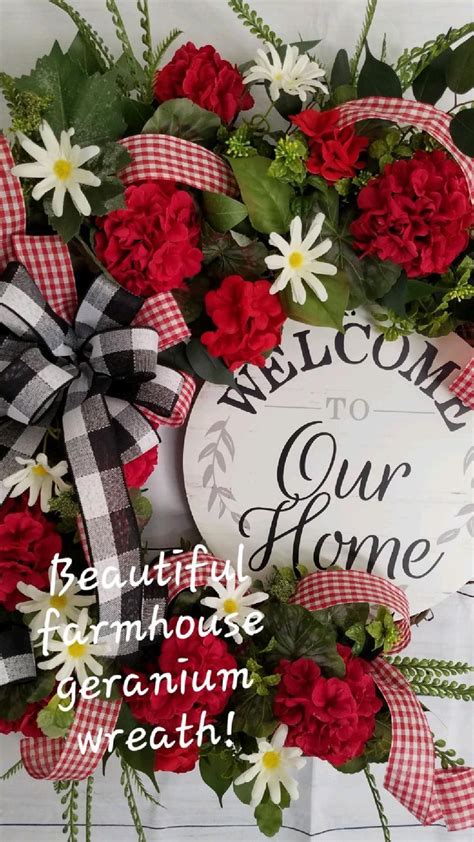 Stunning Red Geranium Farmhouse Wreath In 2022 Red Geraniums