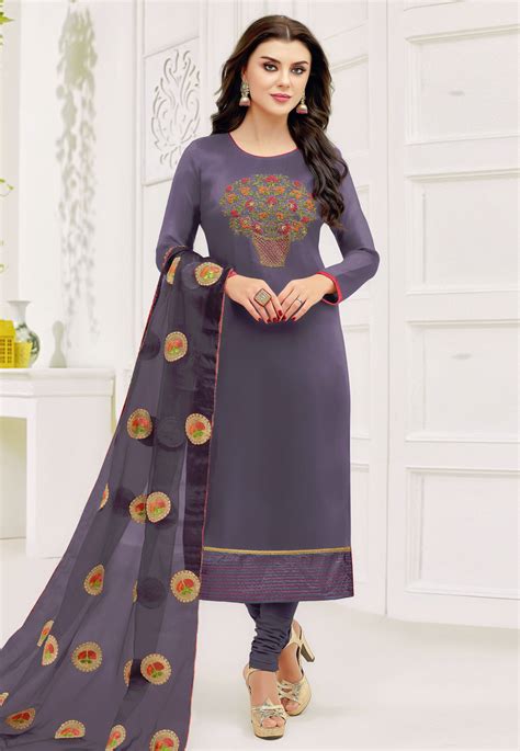 Navy Blue Upada Silk Churidar Suit 203804