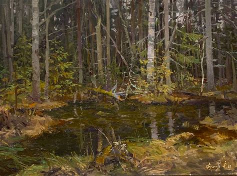 an oil painting of trees and water in the woods