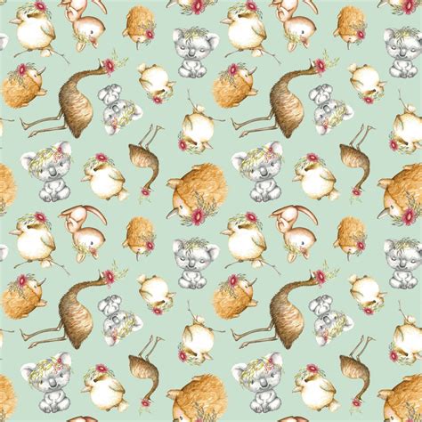 Aussie Cuties Seafoam Woven Frankie Bear Fabric