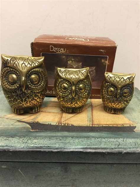 Vintage Brass Owls Set Of 3 With Box Vintage Owls Graduated Brass Owl Set Owl Set Figurines