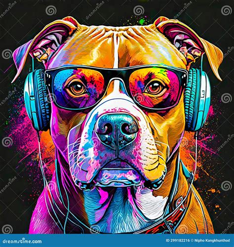 Pitbull Dog Wears Glasses And Headphones On His Head Generative Ai